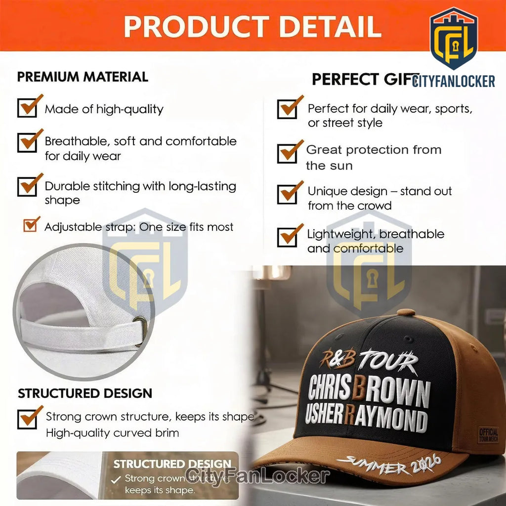 Chris Brown Usher Raymond R&B Tour 2026 Official Merch Embroidered Baseball Cap