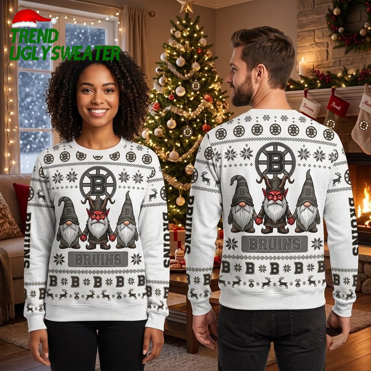 Christmas Gnomes Boston Bruins Ugly Sweater Christmas 3D Sweater