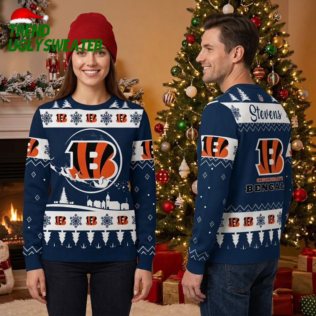 Cincinnati Bengals Custom Name Snowflake Logo Ugly Christmas Sweater