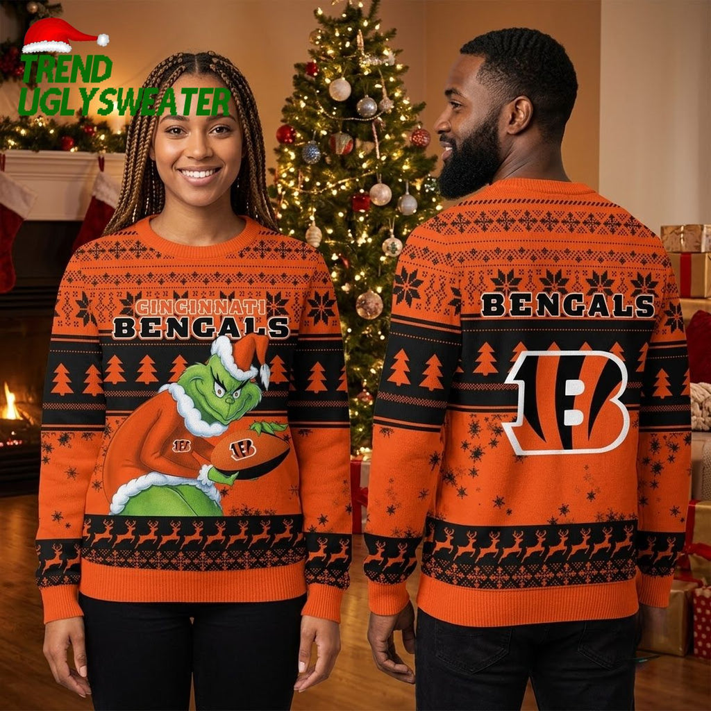 Cincinnati Bengals Grinch Holding Football Ugly Christmas Sweater Gift For Fans