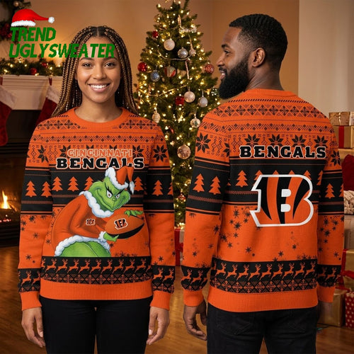 Cincinnati Bengals Grinch Holding Football Ugly Christmas Sweater Gift For Fans