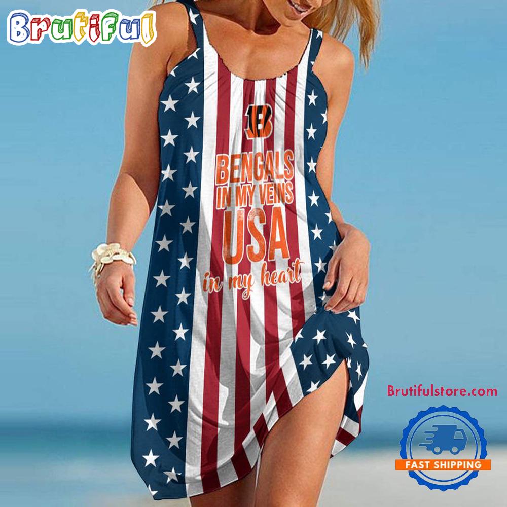 Cincinnati Bengals In My Veins USA In My Heart Independence Day Women’s Summer Beach Sling Dress