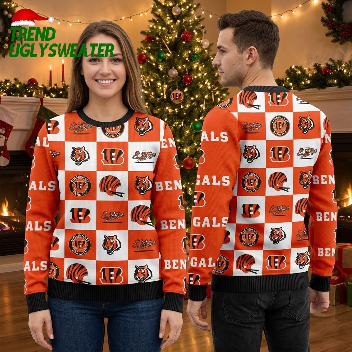 Cincinnati Bengals Logo Checkered Flannel Ugly Christmas Sweater