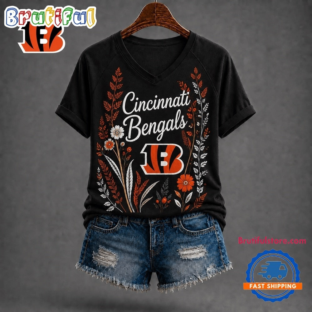 Cincinnati Bengals NFL Floral Garden V Neck T Shirt
