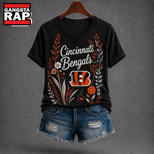 Cincinnati Bengals NFL Floral Garden V Neck T Shirt