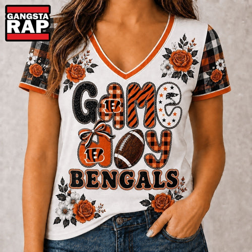 Cincinnati Bengals NFL Football Flowers Team Pride V Neck T Shirt