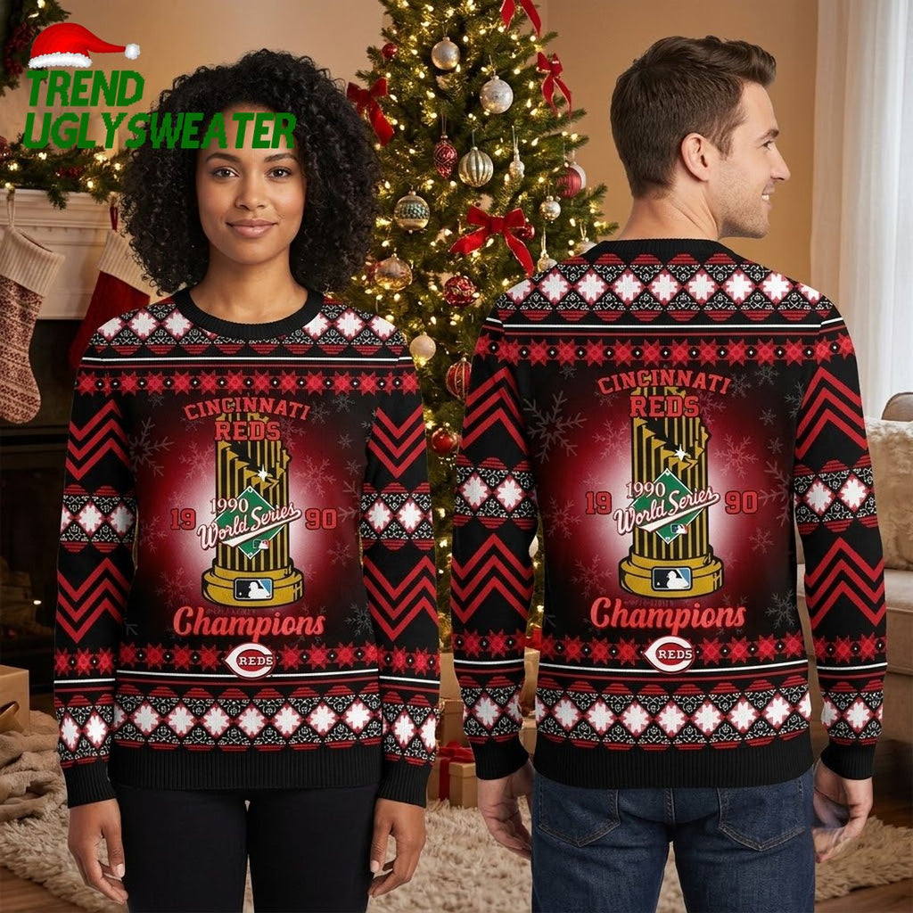 Cincinnati Reds 1990 World Series Champions Trophy Ugly Christmas Sweater