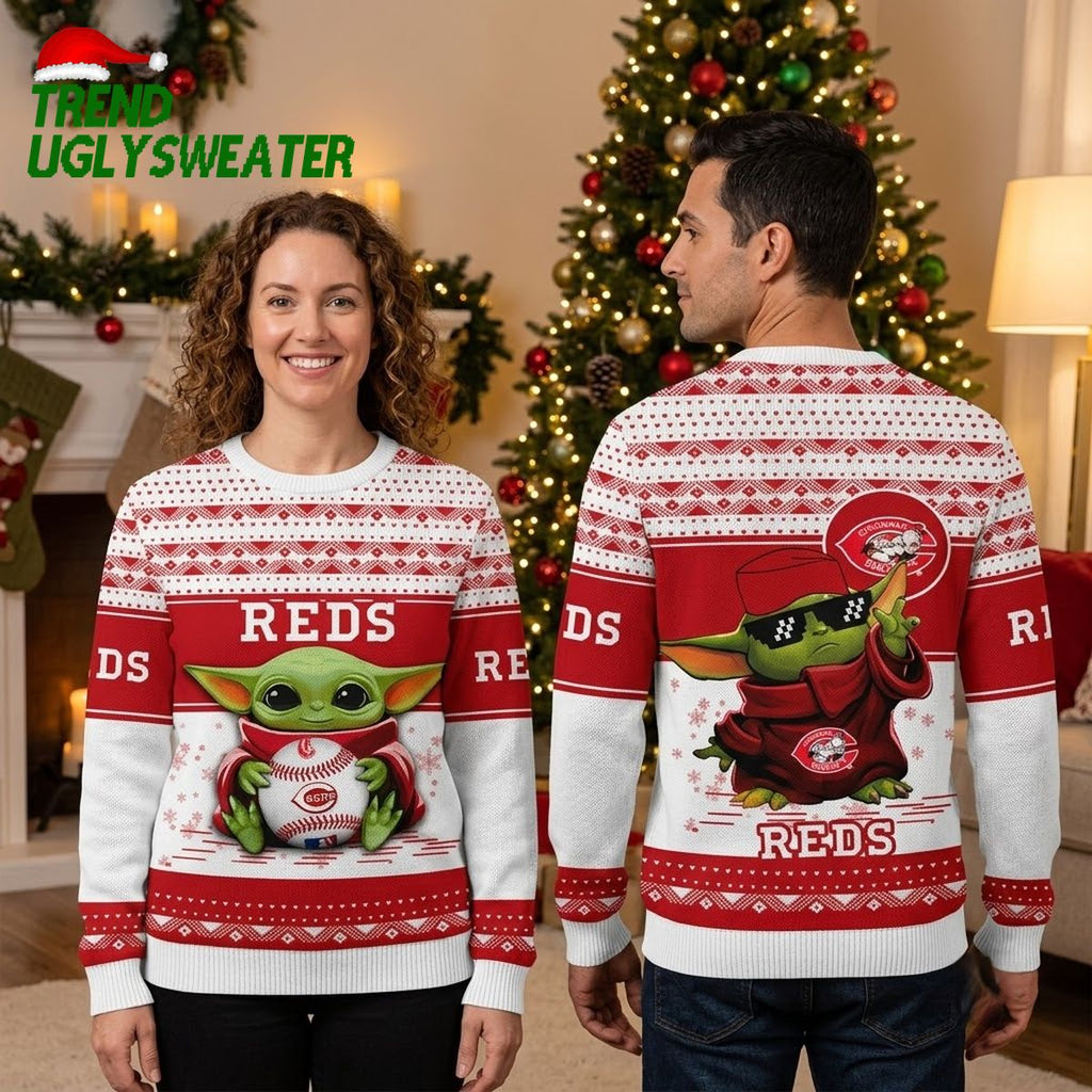 Cincinnati Reds Baby Yoda Holding Baseball Red And White Ugly Christmas Sweater