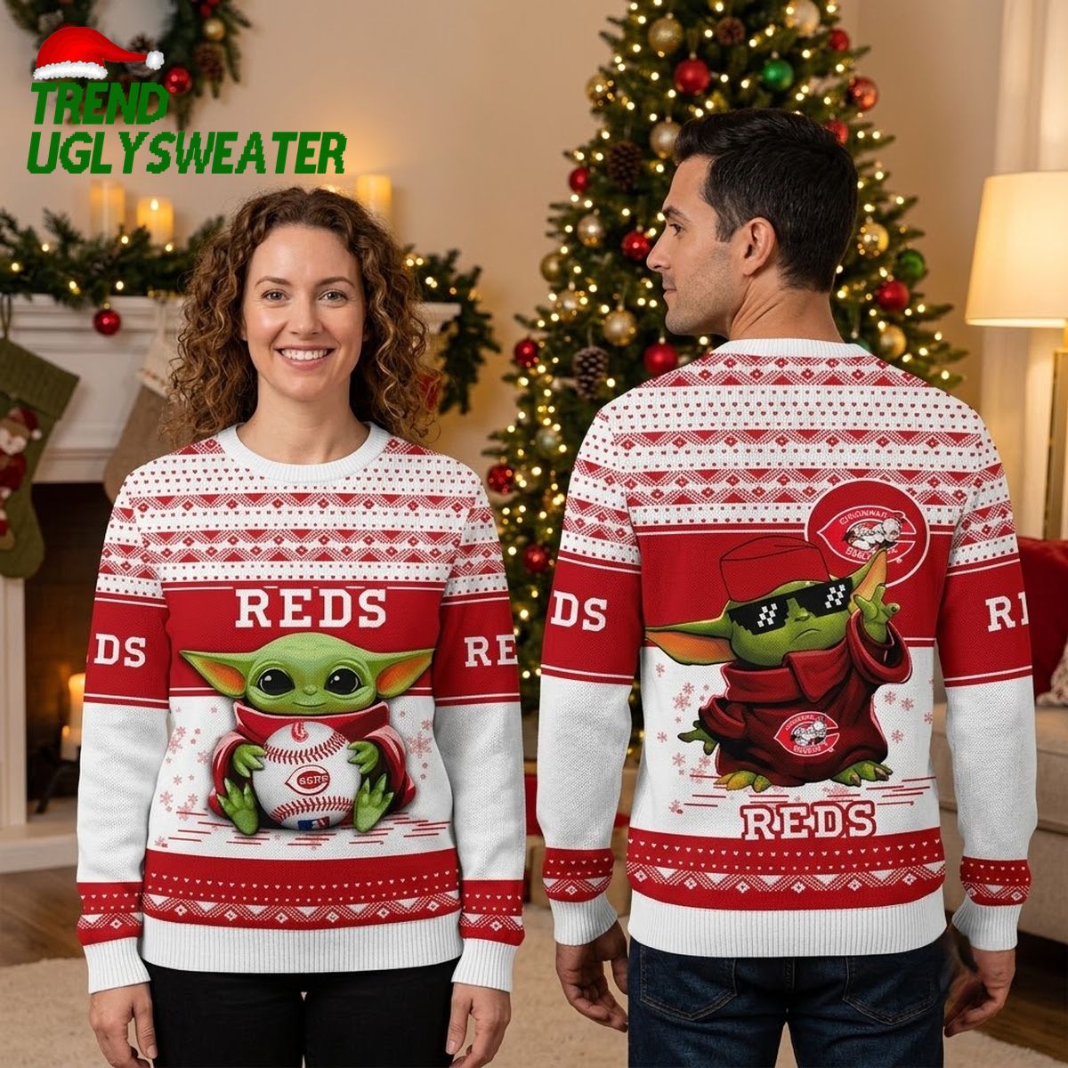 Cincinnati Reds Baby Yoda Holding Baseball Red And White Ugly Christmas Sweater