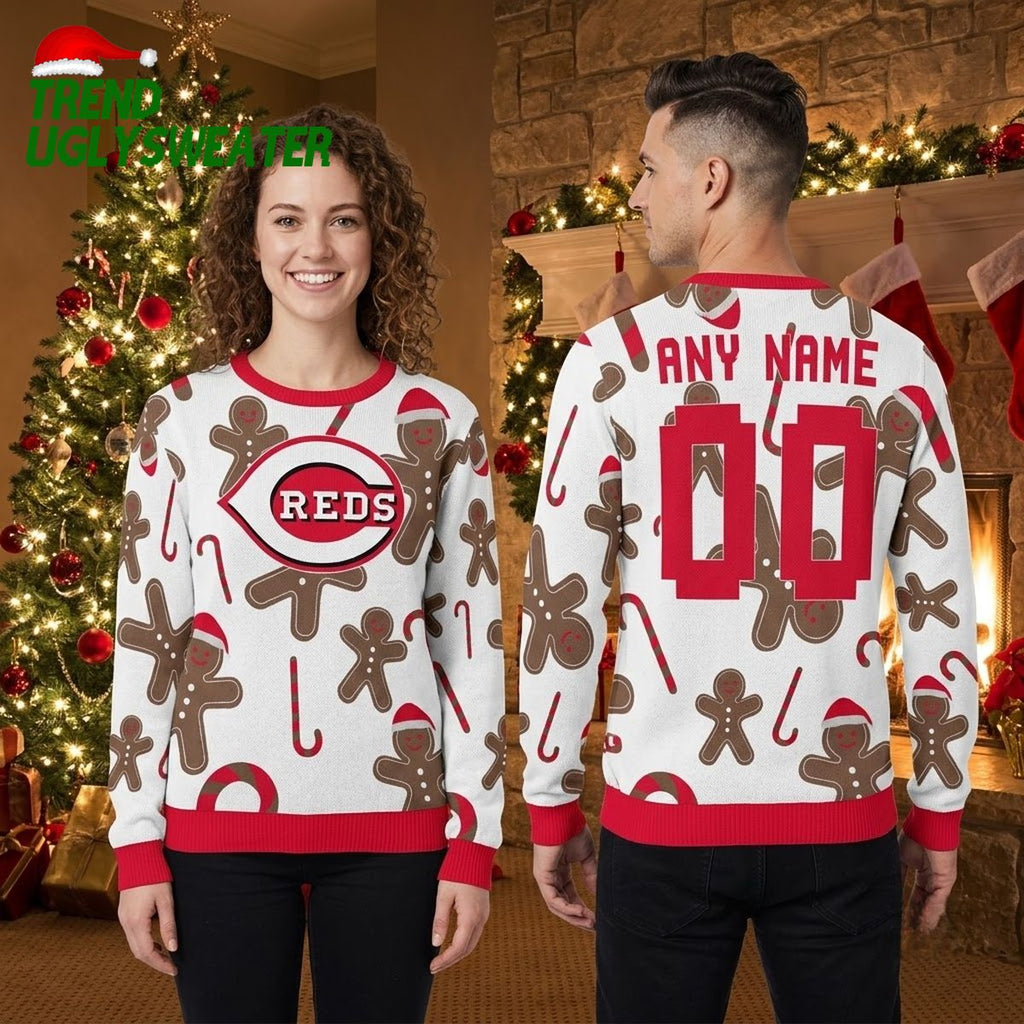 Cincinnati Reds Gingerbread Men Custom Name And Number Ugly Christmas Sweater