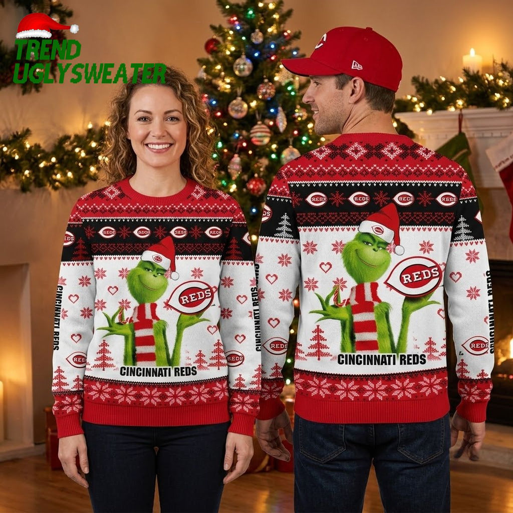 Cincinnati Reds Grinch Santa Hat Cincinnati Reds Logos Ugly Christmas Sweater
