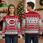 Cincinnati Reds Logo Snowflakes And Reindeer Ugly Christmas Sweater