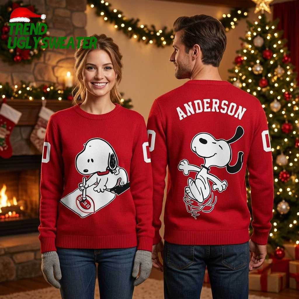 Cincinnati Reds Snoopy Baseball Player Custom Name And Number Ugly Christmas Sweater