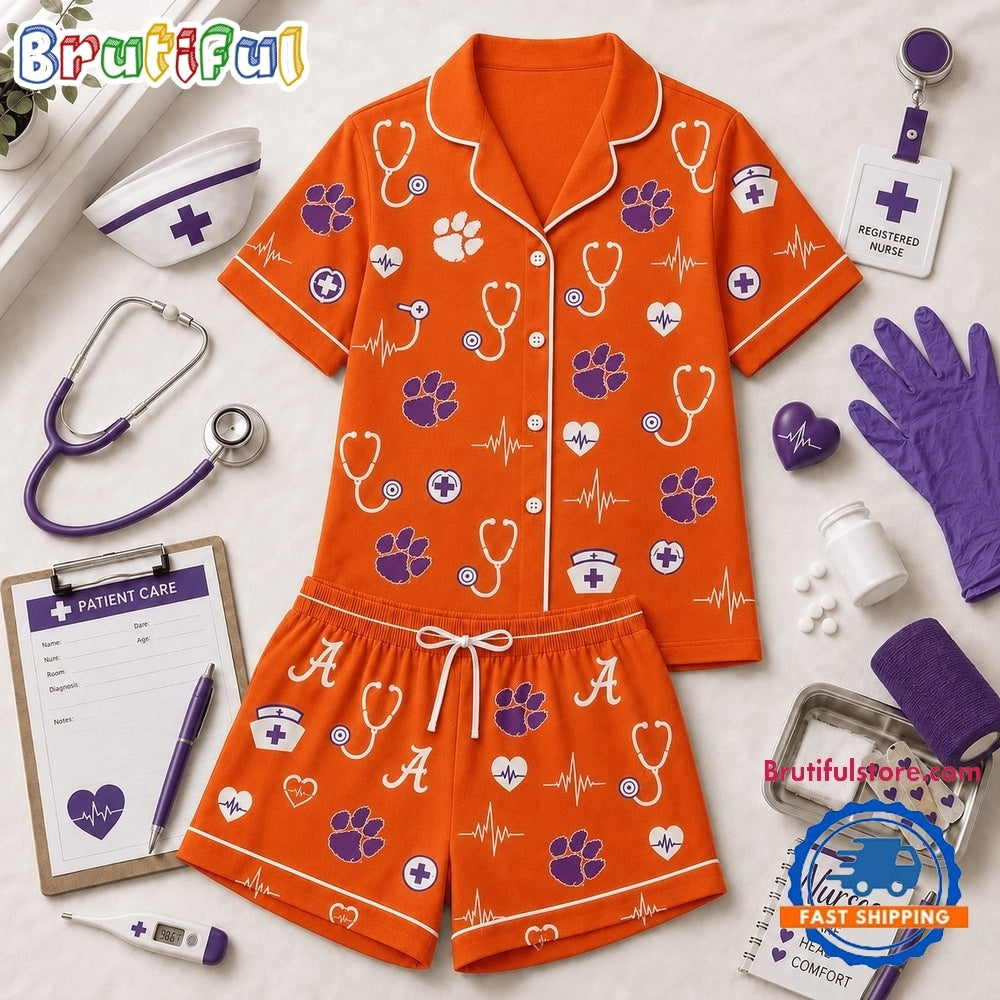 Clemson Tigers NCAA Heartbeats & Home Teams Short Sleeve Pajamas Set