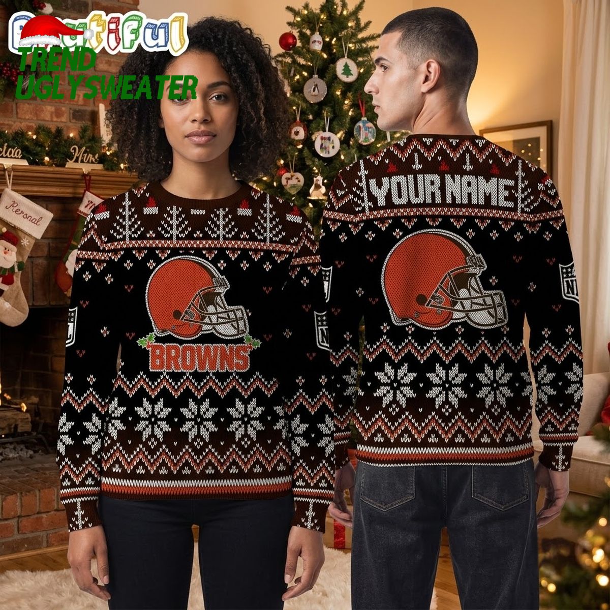 Cleveland Browns Football Helmet Custom Name Snowflake Ugly Christmas Sweater
