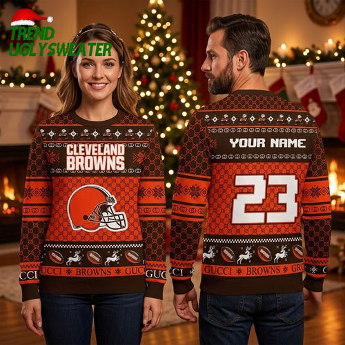Cleveland Browns Gucci Pattern Football Helmet Custom Name Ugly Christmas Sweater