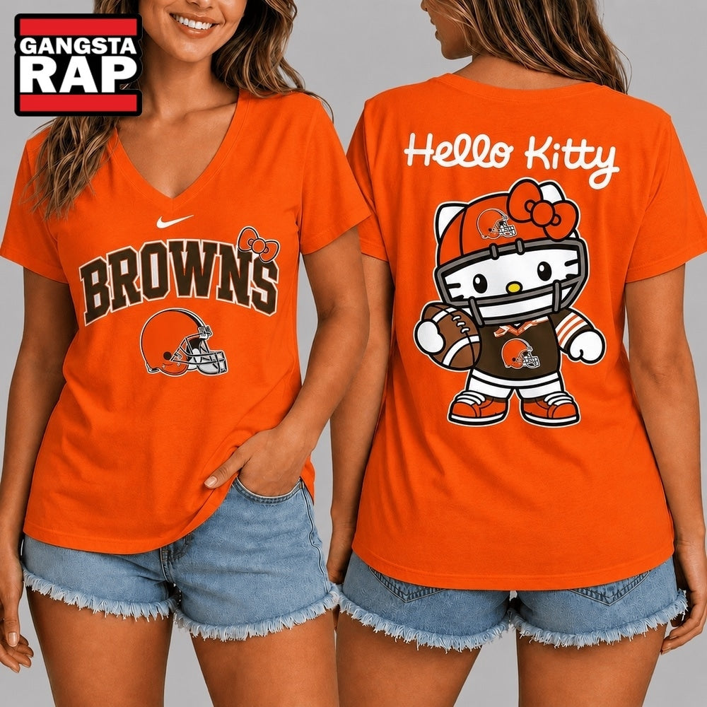 Cleveland Browns NFL Hello Kitty Football V Neck T Shirt