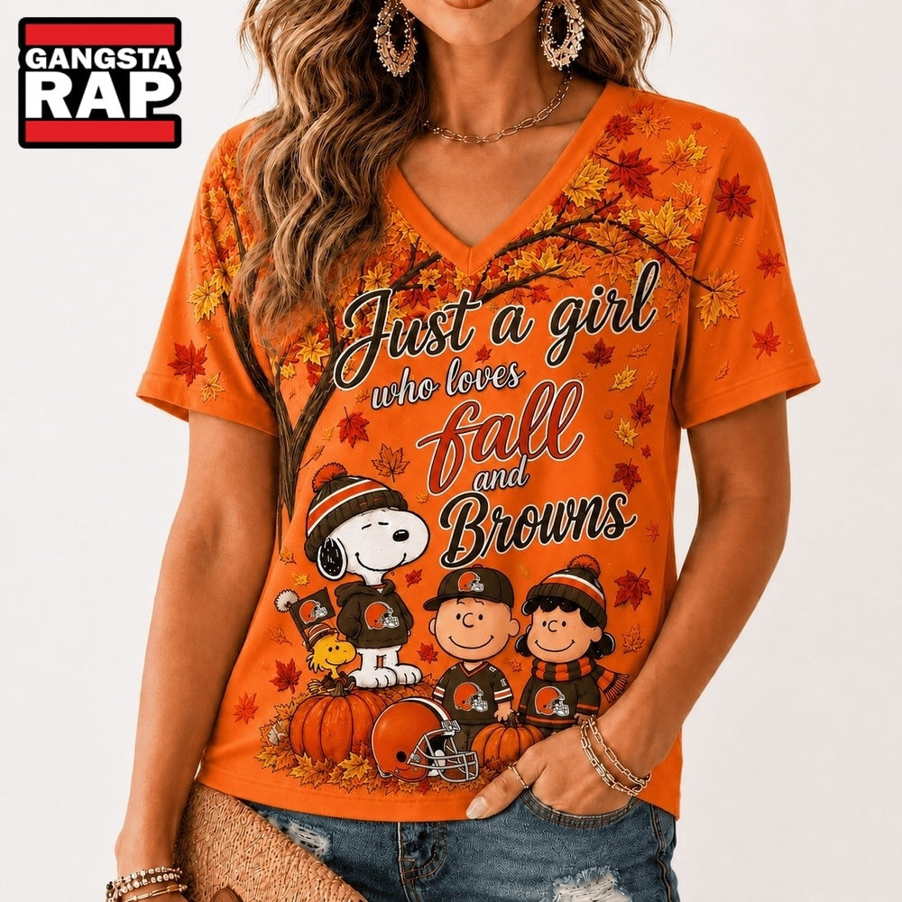 Cleveland Browns NFL Snoopy Peanuts Fall Season V Neck T Shirt