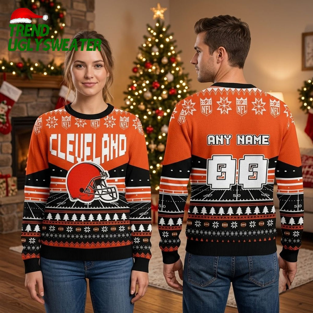 Cleveland Football Helmet Personalized Custom Name And Number Ugly Christmas Sweater