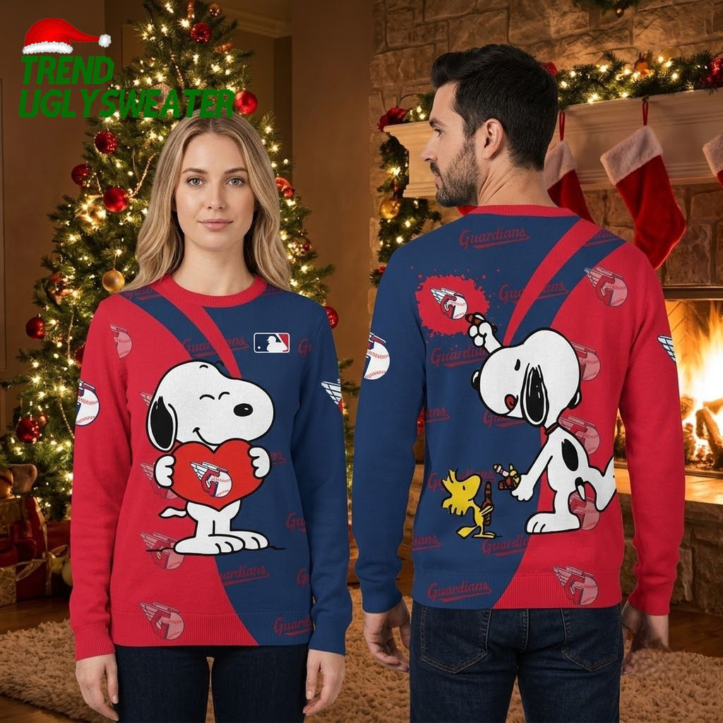 Cleveland Guardians Snoopy And Woodstock Red Blue Ugly Christmas Sweater
