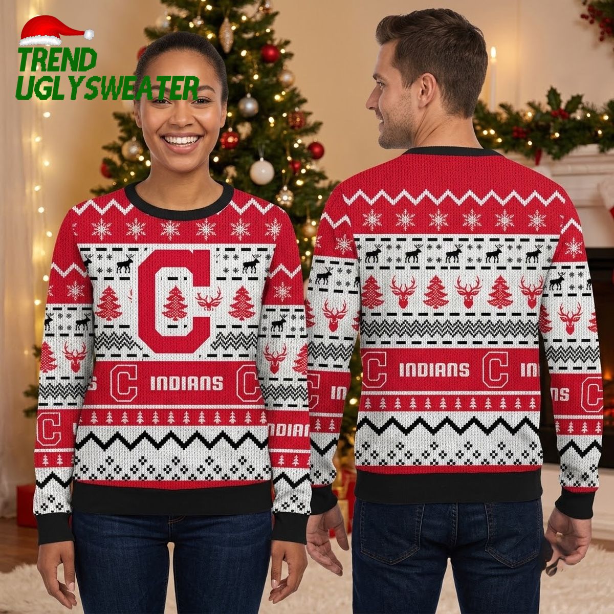 Cleveland Indians Retro C Logo Reindeer Pattern Ugly Christmas Sweater