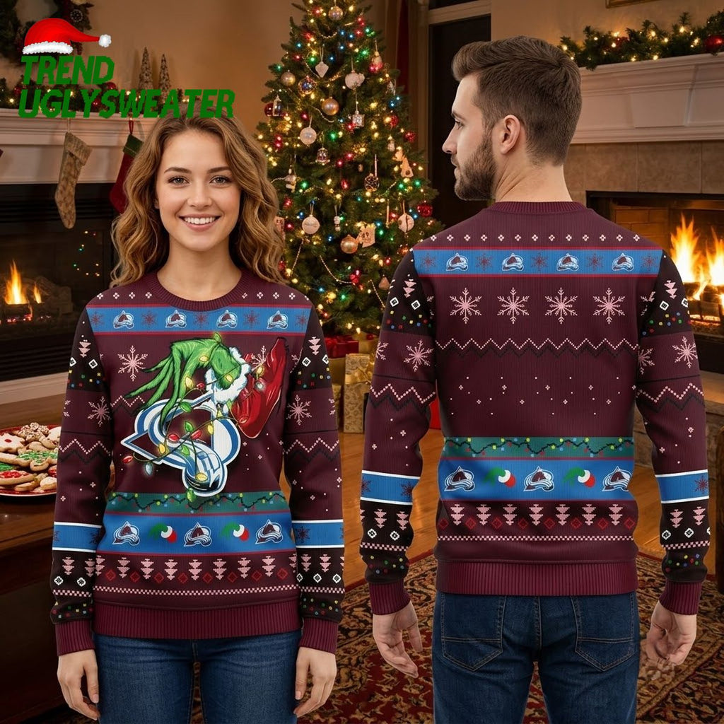 Colorado Avalanche Grinch Wrapped In Christmas Lights Ugly Christmas Sweater