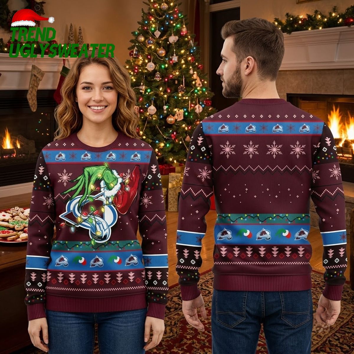 Colorado Avalanche Grinch Wrapped In Christmas Lights Ugly Christmas Sweater