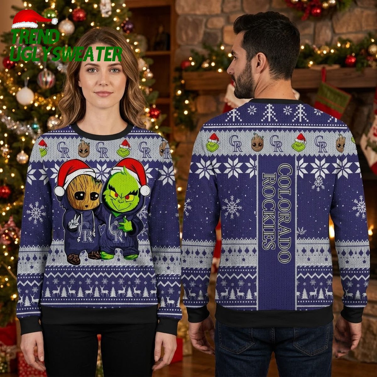 Colorado Rockies Groot And Grinch Santa Hat Ugly Christmas Sweater