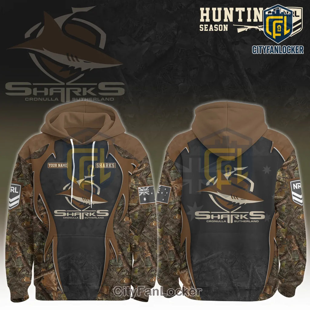 Cronulla Sharks NRL Hunting Season Camo Personalized Hoodie