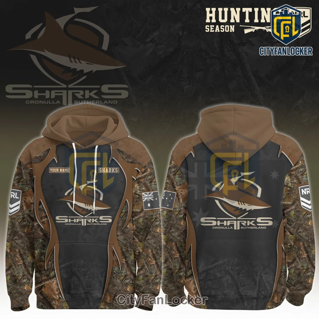 Cronulla Sharks NRL Hunting Season Camo Personalized Hoodie