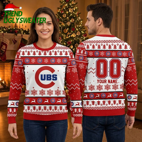 Cubs Custom Name And Number Snowflake Ugly Christmas Sweater