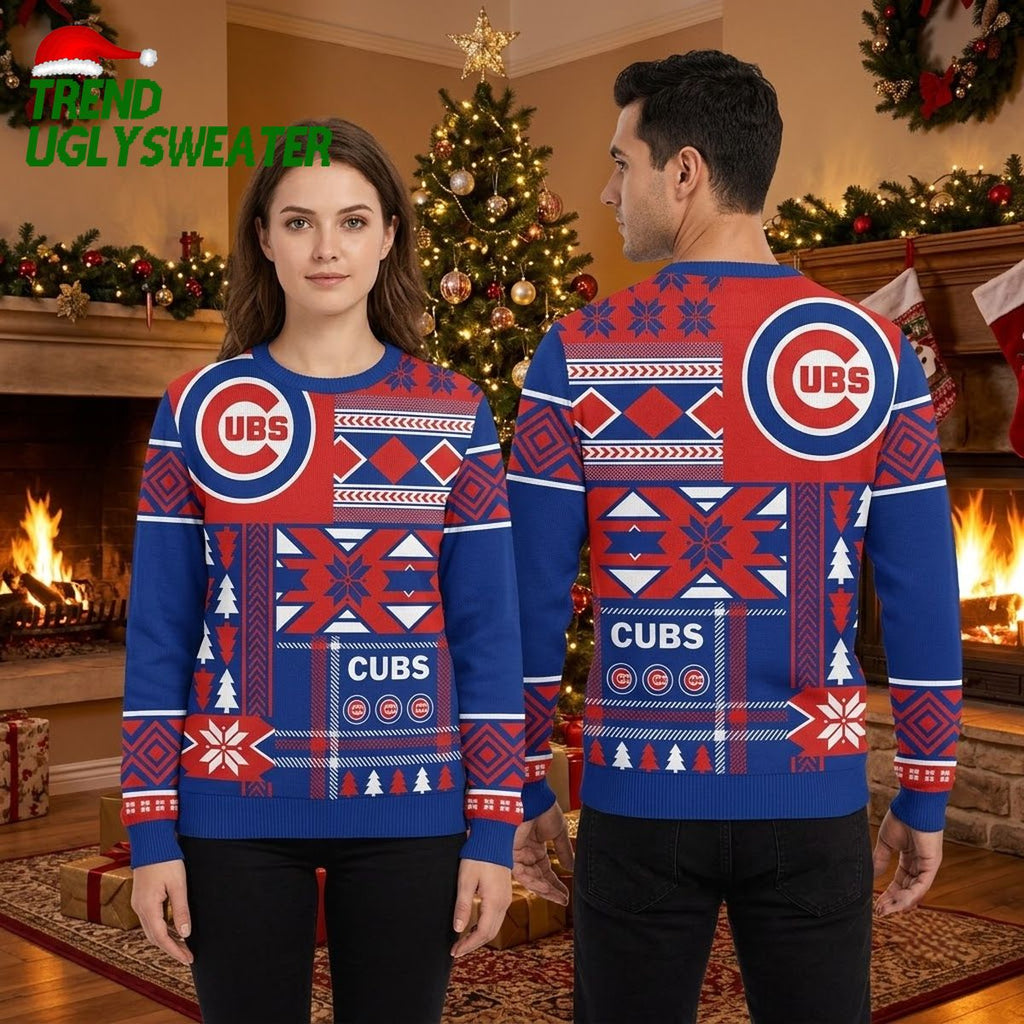 Cubs Logo Snowflake And Christmas Tree Pattern Ugly Christmas Sweater