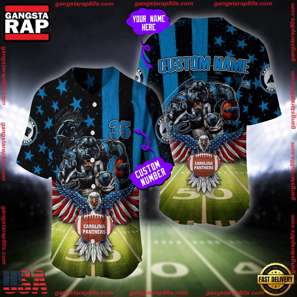 NFL Custom Name And Number Carolina Panthers Mascot US Flag Baseball Jersey Shirt