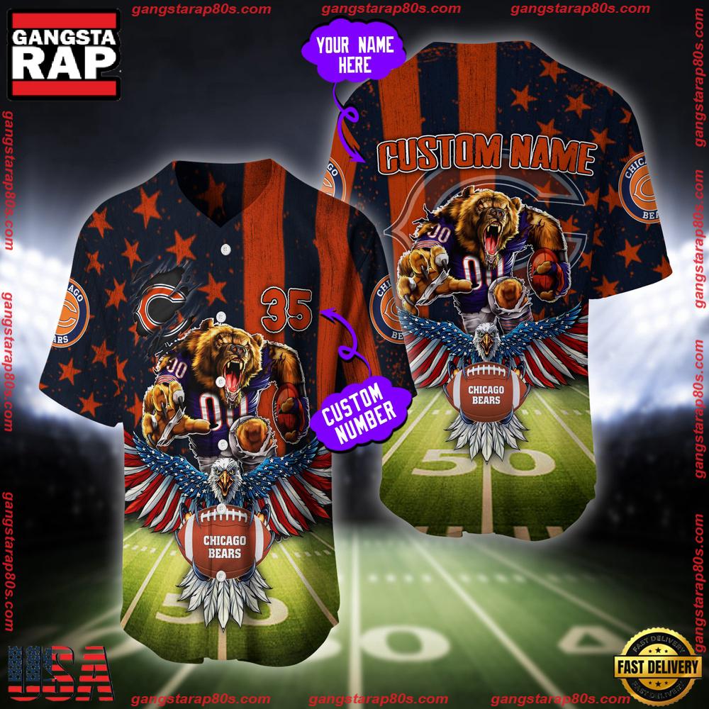 NFL Custom Name And Number Chicago Bears Mascot US Flag Baseball Jersey Shirt