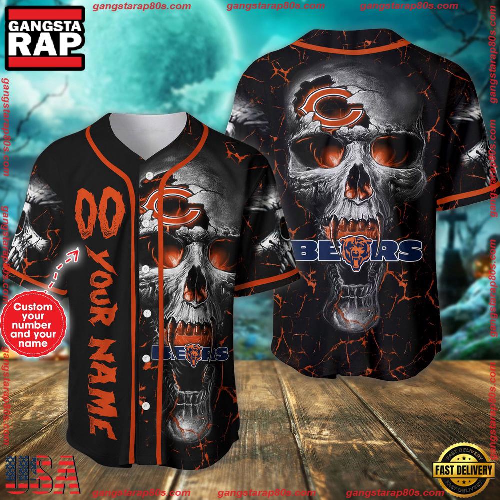 Custom Name And Number Chicago Bears NFL Team Skull Baseball Jersey Shirt