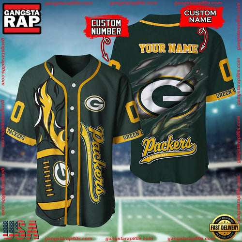 NFL Custom Name Number Green Bay Packers Football Team Baseball Jersey Shirt