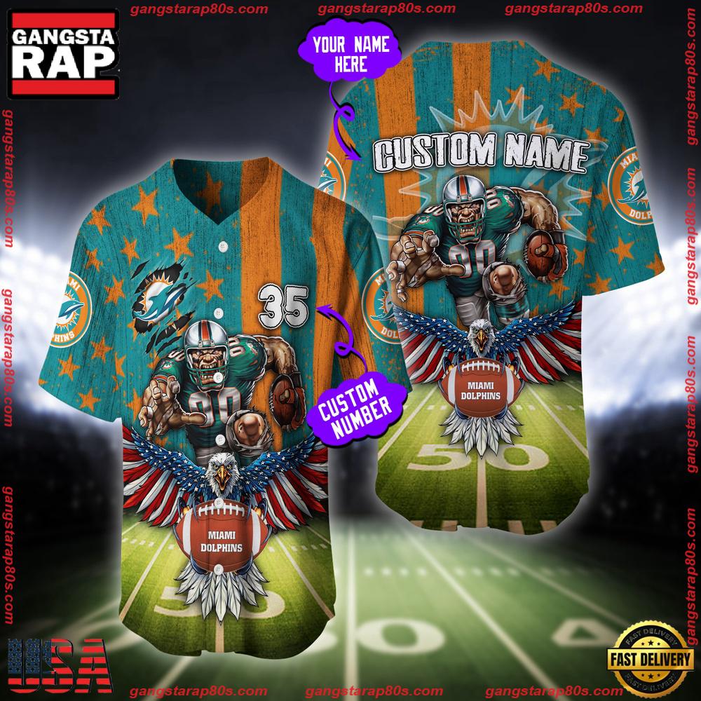 NFL Custom Name And Number Miami Dolphins Mascot US Flag Baseball Jersey Shirt