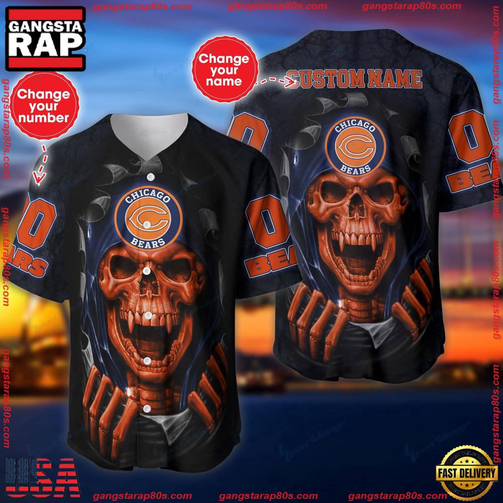 NFL Custom Name And Number Team Chicago Bears Skull Pattern Baseball Jersey Shirt