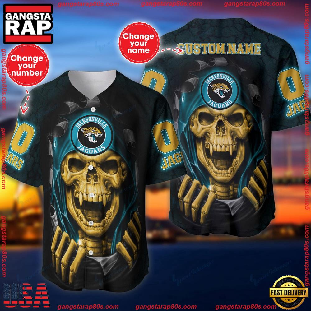 NFL Custom Name Number Jacksonville Jaguars Skull Baseball Jersey Shirt