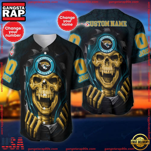 NFL Custom Name Number Jacksonville Jaguars Skull Baseball Jersey Shirt