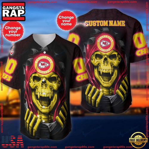 NFL Custom Name Number Kansas City Chiefs Skull Baseball Jersey Shirt
