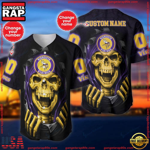 NFL Custom Name Number Minnesota Vikings Skull Baseball Jersey Shirt