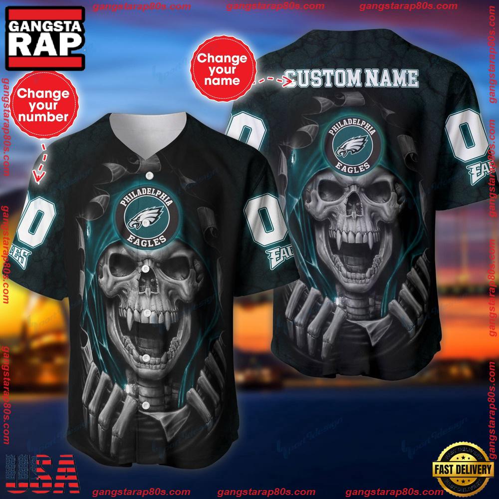 NFL Custom Name Number Philadelphia Eagles Skull Baseball Jersey Shirt