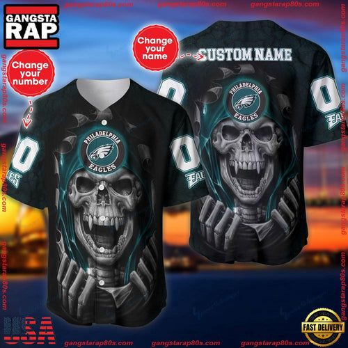 NFL Custom Name Number Philadelphia Eagles Skull Baseball Jersey Shirt