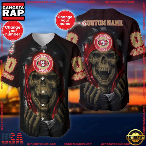 NFL Custom Name Number San Francisco 49ers Skull Baseball Jersey Shirt