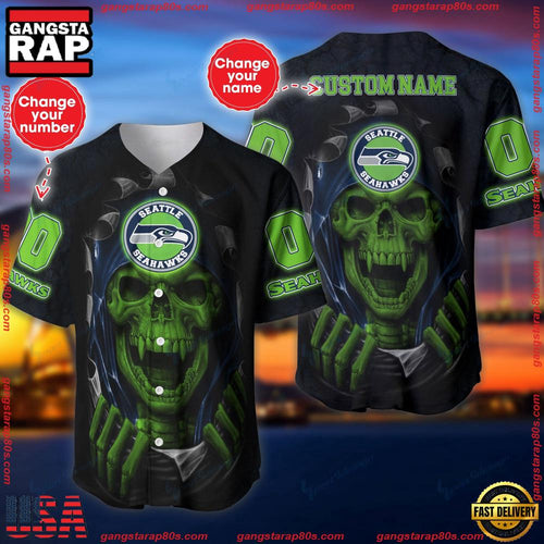 NFL Custom Name Number Seattle Seahawks Skull Baseball Jersey Shirt