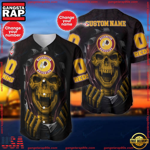NFL Custom Name NumberWashington Redskins Skull Baseball Jersey Shirt