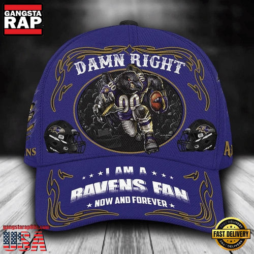 NFL Custom Name Baltimore Ravens Mascot Damn Right Football Team Baseball Cap