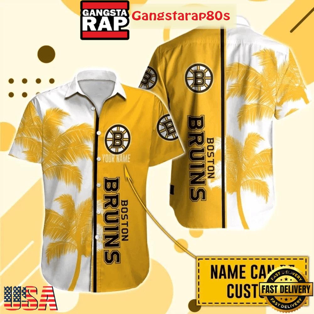 Custom Name Boston Bruins Golden Palm Summer Aloha Hawaiian Shirt