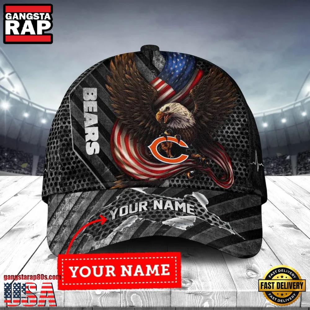 NFL Custom Name Chicago Bears Team Eagle US Flag Baseball Cap